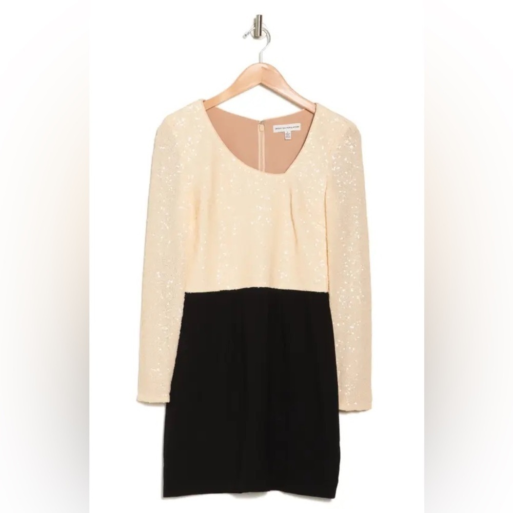 NWT Dress the population cream and Black Sequin Dress asymmetric neck sz medium